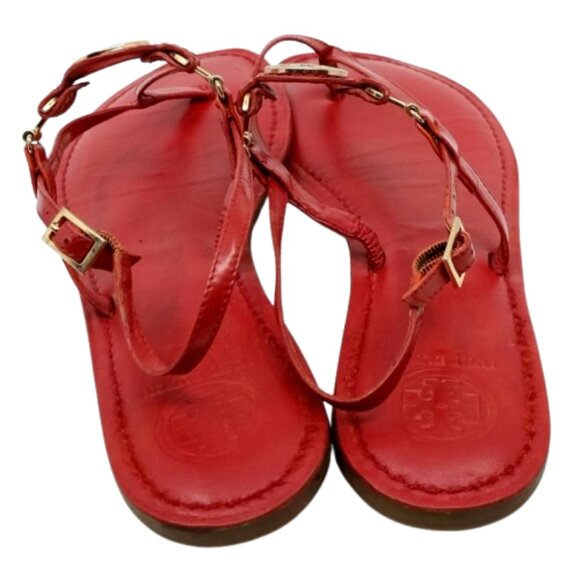 TORY BURCH~Dillan~RED LEATHER GOLD REVA LOGO THONG FLAT STRAPPY SANDALS - Picture 3 of 5